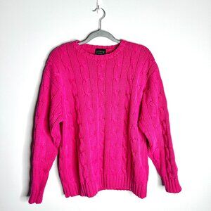 J. Crew Oarsman Hot Pink Cable Knit Crew Neck Chunky Sweater Cotton Preppy Sz L